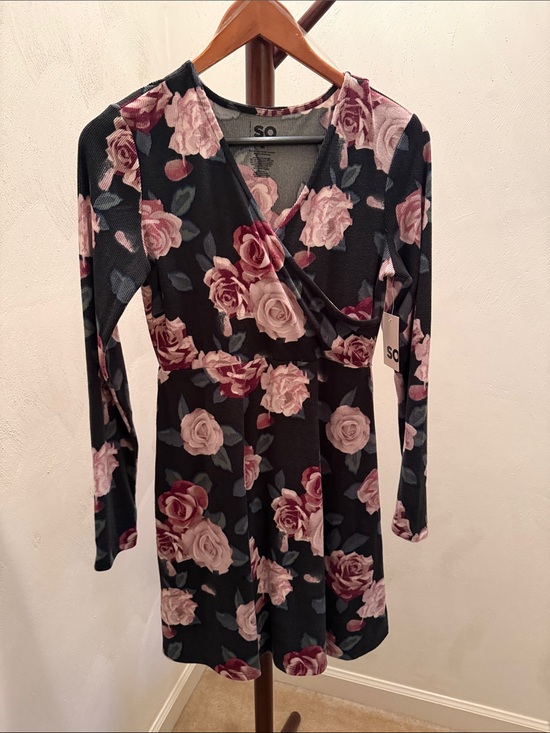 SO Dresses & Skirts - SO Black Floral Wrap Long-Sleeve Dress with Pink Roses